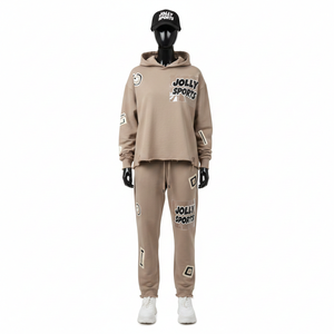 Chándal de Felpa Premium para Mujer, Mezcla de Algodón Suave GSM, Color Beige Taupe con Bordado de Parche de Chenilla, Logotipo Personalizado, Tallas Grandes - Product Image 1