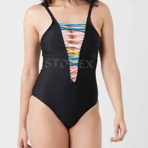 Lace Up Detail Front And Back One Piece Swimsuit Adjustable Shoulder Straps Removable Padding