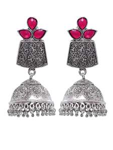 Best Selling High Grade Pink Crystal Geometric Stud Earrings Oxidised <b>Silver</b> Long <b>Jhumka</b> Earrings for Women & Girls - Product Image 5