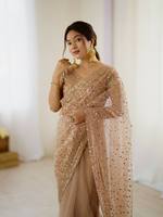 Saree sutra Satin lembut eksklusif dengan bordir indah pakaian pernikahan India dan pakaian pesta Saree untuk wanita