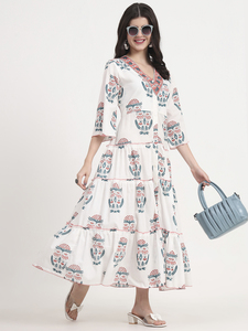 Femmes été décontracté robe de bal Maxi robe imprimé fleuri à plusieurs niveaux col en v 3/4 manches blanc corail sarcelle motif robe florale robe - Product Image 6