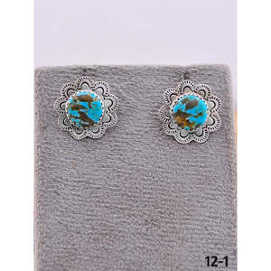 Artisanat du Sud-Ouest # 8 boucles d'oreilles à tige en turquoise et argent sterling, serties de motifs floraux - Product Image 2