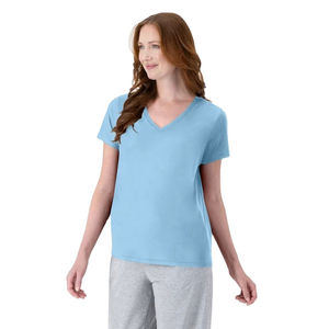 Venta al por mayor por encargo de las mujeres con cuello en V camisetas 100% algodón de alta calidad transpirable suave Casual Tops lona teñida lisa - Product Image 5