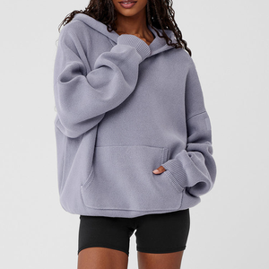 Sweat-shirt à capuche en tricot pour femme, motif uni, doublure anti-rides, coupe ample, imprimé boucle française, taille plus - Product Image 5