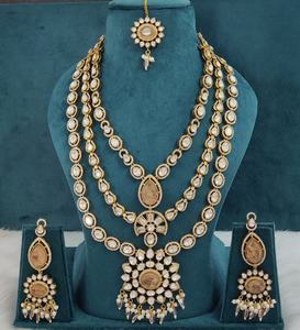 Moissanite Polki Brass and Doublet Stone <b>Necklace</b> <b>Set</b> With Maang Tikka Long Rani Haar <b>Bridal</b> <b>Set</b> Ideal For Weddings, Party Wear - Product Image 3