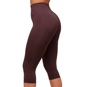 Wholesale Women's 3/4 Length Solid Wine Red Capris High Waist Quick Dry Workout Pants with Custom Logo for Gym Use OEM Service - Product Image 3