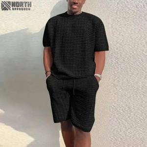 2025 hiver nouveaux hommes 2 pièces survêtement ensembles sport ample à manches courtes Logo personnalisé joggers Shorts 100% coton respirant - Product Image 4