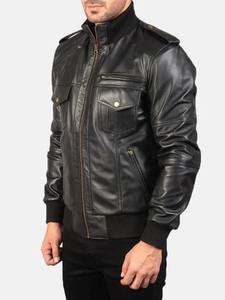 Chaqueta de Cuero Negra Estilo Bomber para Hombre, Marca Agent Shadow, Piel de Oveja Premium, Estilo Urbano, Casual, Ribete de Punto Acanalado, Corte Ajustado, 100g de Cuero Genuino - Product Image 5