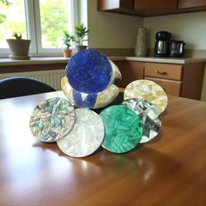 Marble Drink Coaster Set Malachite Lapis Lazuli Inlay <b>Decorative</b> Coasters Handcrafted Modern <b>Kitchen</b> <b>Accessories</b> & 6 Pcs - Product Image 3