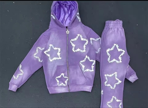 Chándales con cremallera OEM personalizados Sun Faded Street wear Logo conjuntos de dos piezas para hombre estampado estrella diseño Unisex tela de alta calidad - Product Image 6