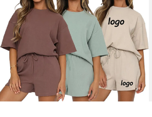 Conjuntos de pantalones cortos de verano personalizados para mujer, camiseta de manga corta de algodón 100%, pantalones cortos, conjunto de 2 piezas - Product Image 3
