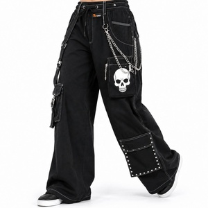 Jeans cargo en denim noir pour femmes, fabrication sur mesure, taille haute, coupe ample, pantalon cargo à jambes larges, streetwear, jeans utilitaires tendance - Product Image 1