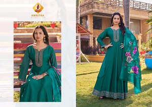 Ensemble Kurti et Dupatta traditionnel en viscose pure et soie Vichitra avec broderie et imprimé feuille d'or, prêt-à-porter pour mariage, style Maruti, très demandé - Product Image 3