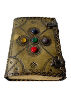 Cahier de notes en cuir véritable couleur anthracite à couverture rigide avec 5 pierres précieuses intégrées sur mesure avec papiers de bord de pont faits à la main