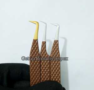Pince à épiler professionnelle pour extensions de cils, en acier inoxydable, avec revêtement en poudre marron à 90 degrés, poignée diamantée, instrument de beauté - Product Image 5