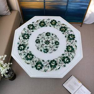 Marbre blanc octogone forme incrustation décorative Art floral travail conception Table basse dessus meubles de luxe faits à la main - Product Image 2