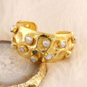Women exquisite multi mini <b>pearl</b> collection designer adjustable cuff with raw peridot single stone 18k <b>gold</b> plated <b>bracelet</b> - Product Image 2