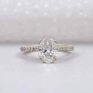 IGI Certified Lab Grown Round <b>Diamond</b> Engagement <b>Ring</b> Yellow Gold with Pave Band Oval Cut Beautiful <b>Diamond</b> <b>Rings</b> - Product Image 1