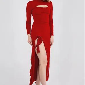 Vestido vermelho de manga comprida e areia com fendas em ambos os lados Cor vermelha Tamanho verdadeiro