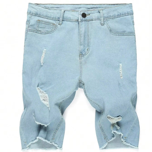 Vente chaude Hommes Coton Denim Casual Shorts Déchiré Brut Ourlet Solide Motif Décoration Personnalisable Tendance Taille Haute Cordon - Product Image 1