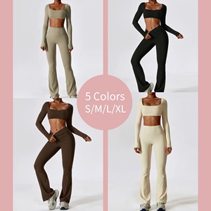 Conjunto de Yoga sin costuras para mujer con logotipo personalizado, traje deportivo de otoño e invierno, Top corto de manga larga, mallas de cintura alta, ropa deportiva para Fitness - Product Image 4