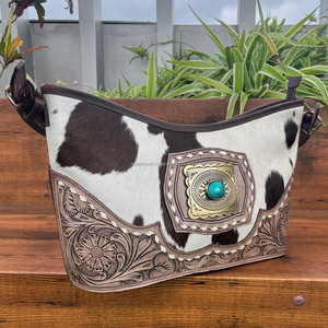 Meilleures ventes Cheveux occidentaux sur cuir repoussé Floral Turquoise Stone Sac à main pour femmes personnalisé en cuir de vache véritable Concho Sac à main - Product Image 3