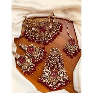 Handcrafted Classic Indian and <b>Pakistani</b> Traditional Silver Plated Stainless Steel Jhumkas and Matha Patti Stone-Studded Chokers - Product Image 6