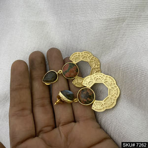 Designer <b>Vintage</b> <b>Gold</b>-Plated Brass <b>Earrings</b> with Geometric Stud Labradorite Gemstone Trendy Drop Style for Engagement or Gift - Product Image 1