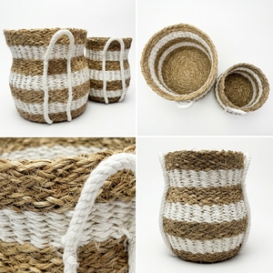 Natural Seagrass Recycled <b>Plastic</b> Storage <b>Basket</b> Set White Stripe Belly Pot Planter Pure Art Arch Handle Decor Setup Room Design - Product Image 3