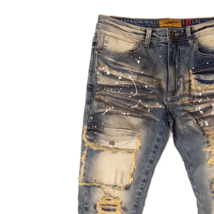 Haute Qualité Enduit Vintage Durable Denim Tissu Mi Taille Slim Fit Semi Flare Empilé Peinture Éclaboussures Jeans pour Hommes - Product Image 3
