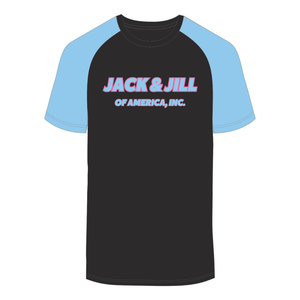 Camiseta con mangas raglán negras de Jack y Jill of America, bordado de chenilla azul, ropa de organizaciones profesionales negras y cívicas - Product Image 2