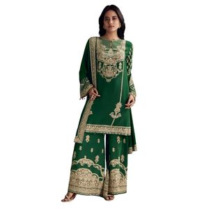 Verde scuro stampato crêpe Palazzo vestito con scollatura buco della serratura all'ingrosso donna abbigliamento etnico OEM fabbrica fornitore alla rinfusa - Product Image 4