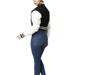 Logotipo personalizado Crop Letters Varsity Mujer Chaqueta Lana Chenille Bordado genuino Parche Turn-Down Collar Tallas grandes Genuino - Product Image 4