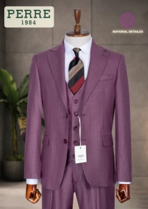 Perre Men's Gray Single Breasted Business <b>Suit</b> Notched Collar Regular Fit Wool Polyester Anti-Wrinkle British Style - Product Image 4
