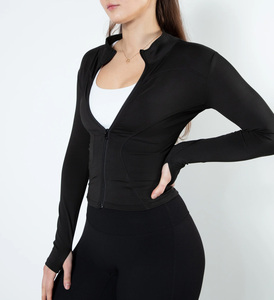 Chaqueta deportiva de otoño para mujer personalizada al por mayor, chaqueta de manga larga con cremallera, transpirable, piel de oveja, soporte, algodón tejido teñido liso - Product Image 3