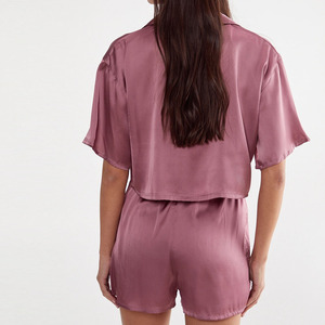 Ensemble de shorts pour femmes vêtements de nuit Shorts à manches courtes 2 pièces ensemble Satin pyjamas blanc couleur unie élégant doux salon vêtements de maison - Product Image 2