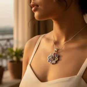 Pendentif Fleur en Argent 925 Multi-Pierres Précieuses Fait Main Charme Religieux pour Femmes Plaqué Rhodium Or Rose Matériel Cadeau - Product Image 2