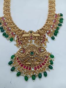 Traditional South Indian Temple <b>Long</b> <b>Necklace</b> Set with Gold Plated Vintage Design Crystal Rhinestone Earrings for Wedding Party - Product Image 4