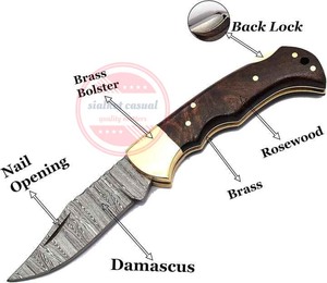 Vente flash Couteaux pliants en acier Damas faits à la main personnalisés Manche en bois Couteau de camping - Product Image 3