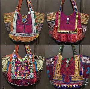 Colourful Cotton Fabric Kantha Stitch Vibrant Indian Banjara Geometric Pattern Casual Tote <b>Bags</b> Hand-Stitched Beading Embroidery - Product Image 2