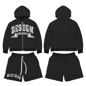 Sudaderas con capucha y pantalones cortos con cremallera para hombre 100% algodón ropa de calle alta con logotipo personalizado conjunto de pantalones cortos de 2 piezas chándal informal para hombre - Product Image 3