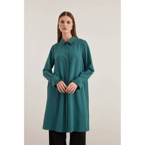 <b>Embroidered</b> Animal Print Poplin <b>Tunic</b> for Women-Loose Fit Stand Collar Long Top - Product Image 2