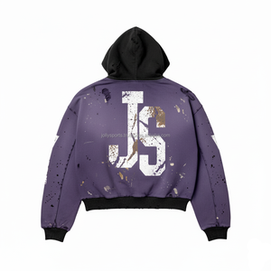 Premium 360 GSM cotton fleece <b>zipper</b> hoodie distressed wash purple black tone <b>heavy</b> <b>duty</b> print custom logo Basics <b>Zipper</b> Hoodie - Product Image 2