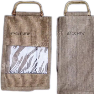 Eco-Friendly Jute Wine <b>Bottle</b> Holder Gift <b>Bag</b> Cane Handle Rustic Elegant Design Geometric Pattern Small Size Lowellcraft - Product Image 1