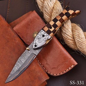 Cupper Damascus Steel Folding <b>Knife</b> <b>Fish</b> Shape Pocket <b>Knife</b> Wooden handle steel engraved booster liner lock - Product Image 3