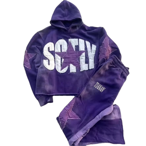 Ensemble de survêtement personnalisé pour homme, effet délavé, avec appliqué, grande taille, sweat à capuche et pantalon de survêtement 100 % coton, motif uni, style streetwear pour l'automne - Product Image 1