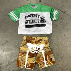 Vente en gros Ensemble short personnalisé Ensemble short cargo en jean d'été surdimensionné Deux pièces Impression Survêtement Ensembles short et maillot en maille - Product Image 3