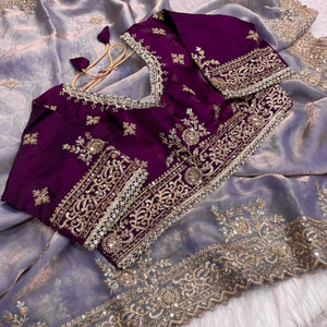 NUEVO SARI DE ORGANZA DE SEDA PURA CON BORDADO Y CODIFICACIÓN PARA FIESTAS CON BLUSA, PROVEEDOR DE PAKISTÁN 2025 - Product Image 1