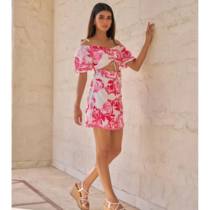 เดรสสั้นผ้าฝ้ายแบบสั้นสำหรับผู้หญิงเดรสพิมพ์ลายดอกไม้มีสไตล์สำหรับปาร์ตี้งานแต่งงานของขวัญฮันนีมูนเอวธรรมชาติ - Product Image 1