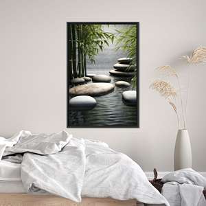 Arte de pared en lienzo impreso: Tranquil Zen Bamboo and Stone Path, con marco negro - Product Image 1